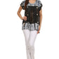 Sakkas Short Sleeve Tie Dye Gingham Peasant Top with Sequin Embroidery