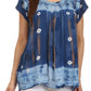 Sakkas Short Sleeve Tie Dye Gingham Peasant Top with Sequin Embroidery