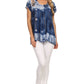 Sakkas Short Sleeve Tie Dye Gingham Peasant Top with Sequin Embroidery