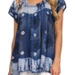 Sakkas Short Sleeve Tie Dye Gingham Peasant Top with Sequin Embroidery