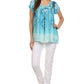 Sakkas Short Sleeve Tie Dye Gingham Peasant Top with Sequin Embroidery