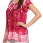 Sakkas Short Sleeve Tie Dye Gingham Peasant Top with Sequin Embroidery