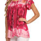Sakkas Short Sleeve Tie Dye Gingham Peasant Top with Sequin Embroidery