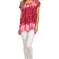 Sakkas Short Sleeve Tie Dye Gingham Peasant Top with Sequin Embroidery