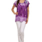 Sakkas Short Sleeve Tie Dye Gingham Peasant Top with Sequin Embroidery