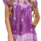 Sakkas Short Sleeve Tie Dye Gingham Peasant Top with Sequin Embroidery