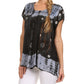 Sakkas Short Sleeve Tie Dye Gingham Peasant Top with Sequin Embroidery