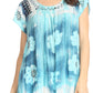 Sakkas Short Sleeve Tie Dye Gingham Peasant Top with Sequin Embroidery