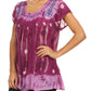 Sakkas Short Sleeve Tie Dye Gingham Peasant Top with Sequin Embroidery