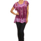 Sakkas Short Sleeve Tie Dye Gingham Peasant Top with Sequin Embroidery