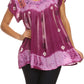 Sakkas Short Sleeve Tie Dye Gingham Peasant Top with Sequin Embroidery
