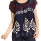 Sakkas Nefeli Short Sleeve Petite Slim Top Blouse with Embroidery and Print
