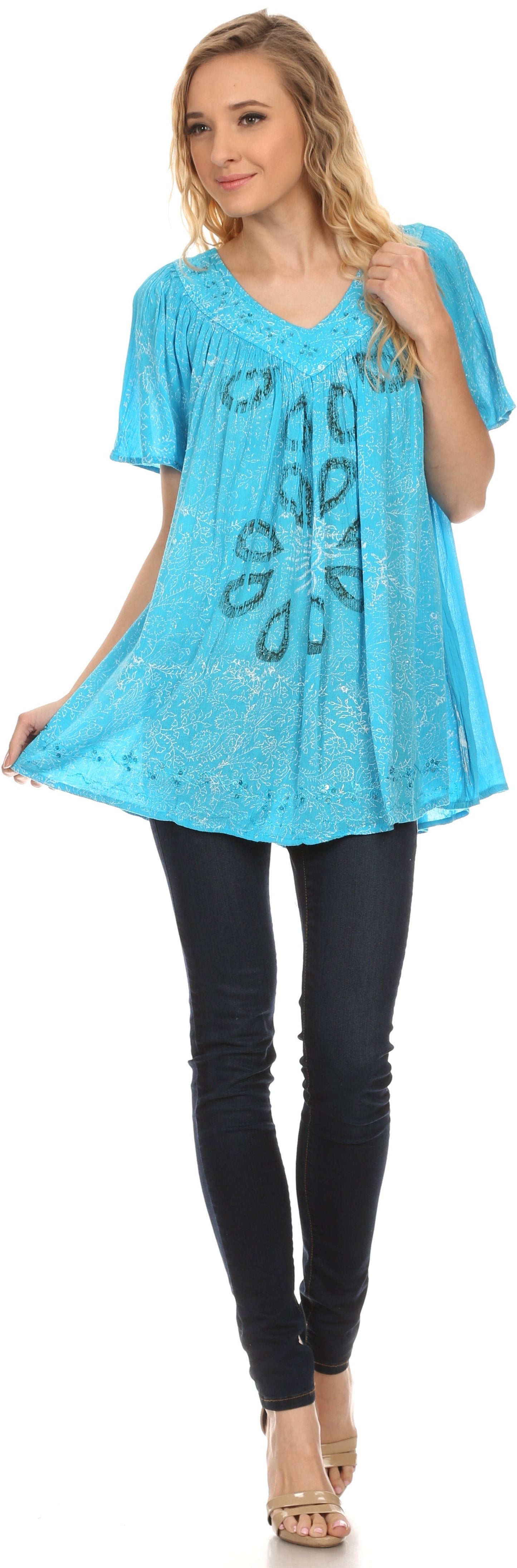 Sakkas Talulla Long V Neck Batik Floral Leaf Embroidered Printed Blouse Shirt Top