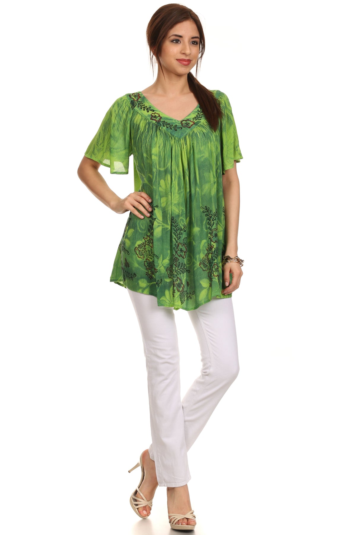 Sakkas Kyla Relaxed Fit Floral Sequin Embroidered V-neck Cap Sleeve Blouse / Top
