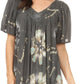 Sakkas Poppy Floral Hand Dyed Dye Pattern Top Blouse With Beaded Sequin V Neck
