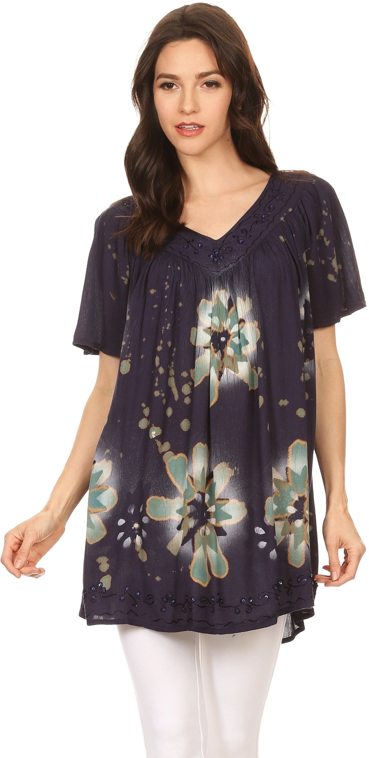 Sakkas Poppy Floral Hand Dyed Dye Pattern Top Blouse With Beaded Sequin V Neck
