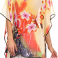 Sakkas Fediliah Sheer Long Wide Fringe Bead Floral Printed Poncho Blouse Top