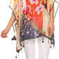 Sakkas Fediliah Sheer Long Wide Fringe Bead Floral Printed Poncho Blouse Top