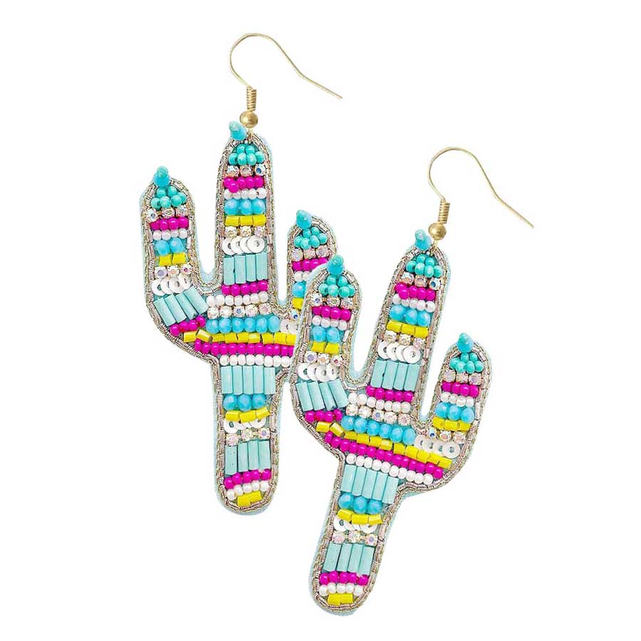 Felt Back Multi Beaded Cactus Dangle Earrings