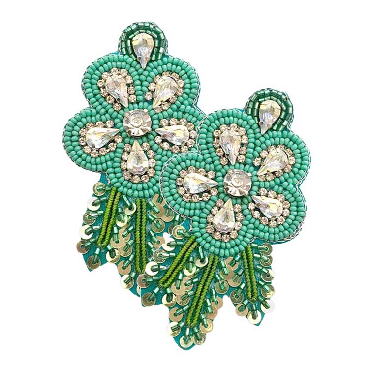 Felt Back Sequin Stone Seed Beaded Flower Leaf Earrings