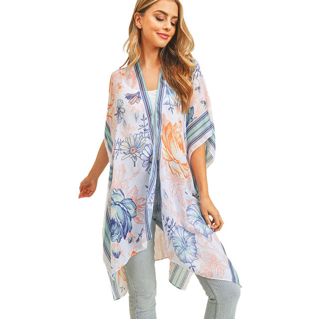 Multi Flower Patterned Cover Up Kimono Poncho
