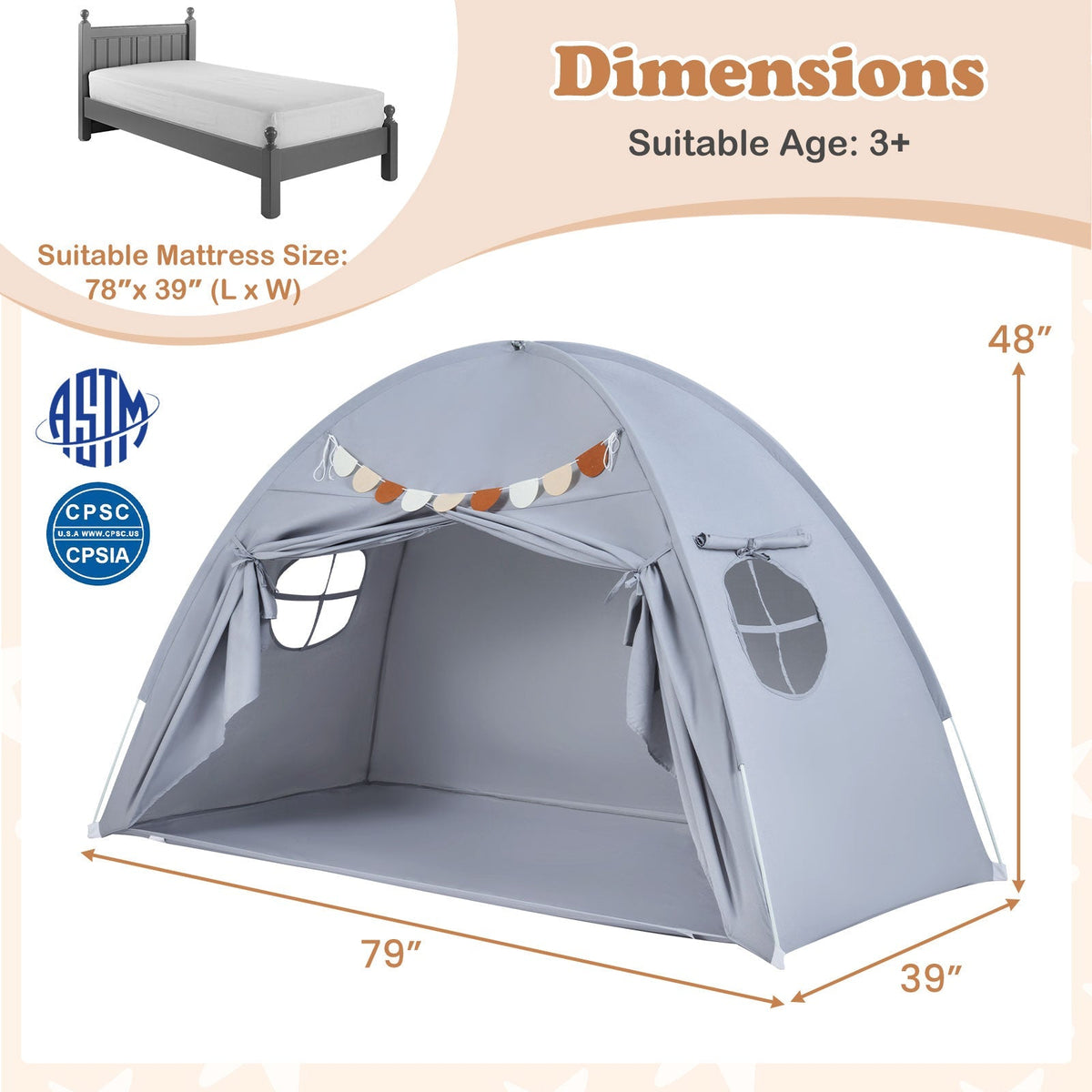 Twin Size Indoor Canopy Tent for Kids with 2 Window and Suits 3+