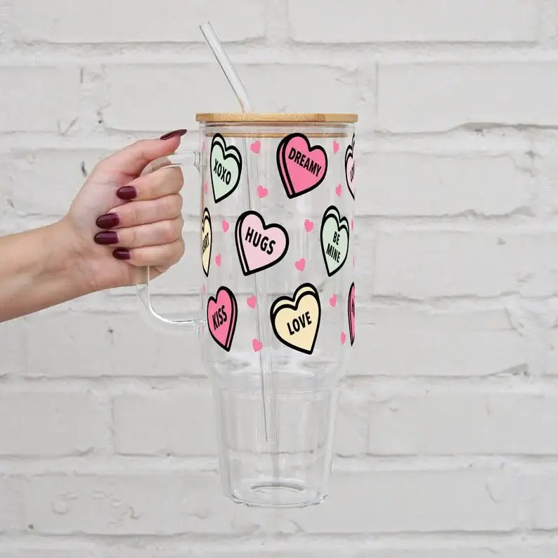 Valentines Day Candy Hearts Glass Cups