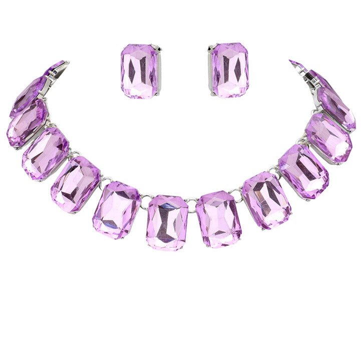 Emerald Cut Stone Link Evening Necklace Earring Set