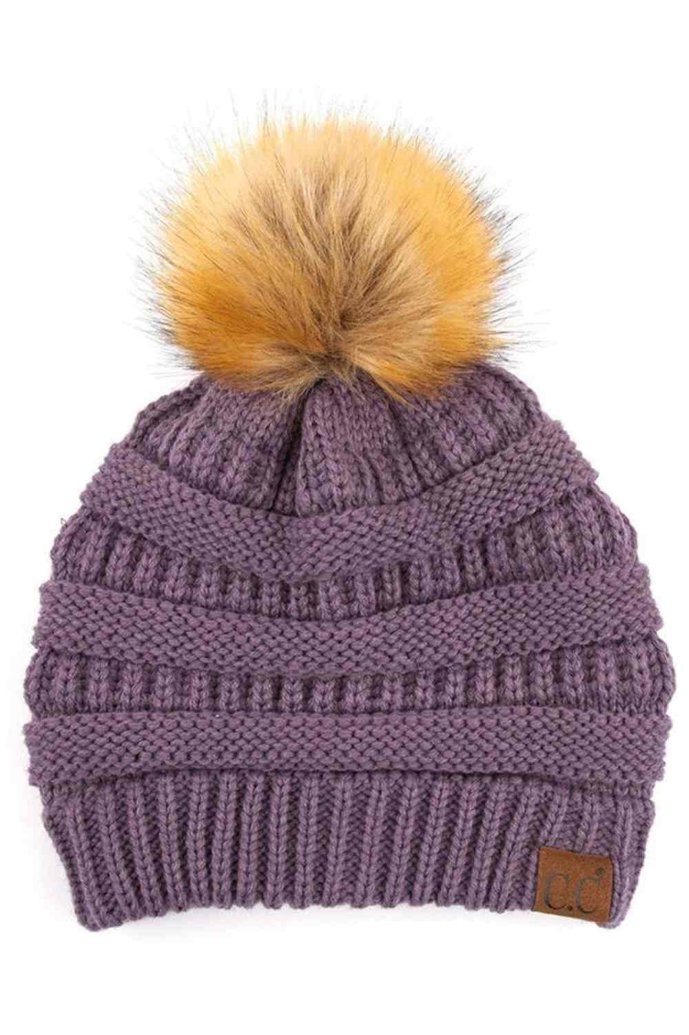 C.C Solid Ribbed Knit Beanie with Pom