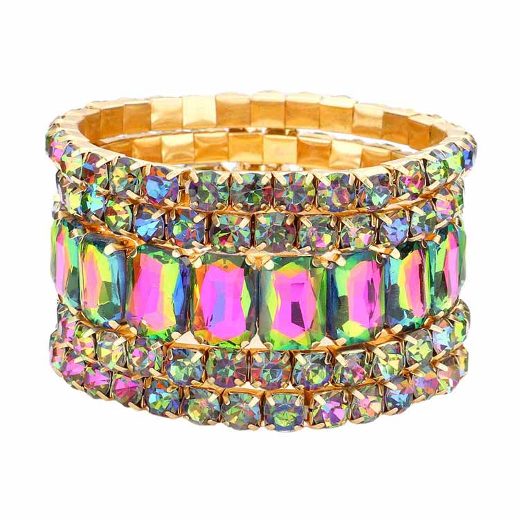 Women's 5Pcs Rectangle Round Stone Stretch Multi Layered Bracelets