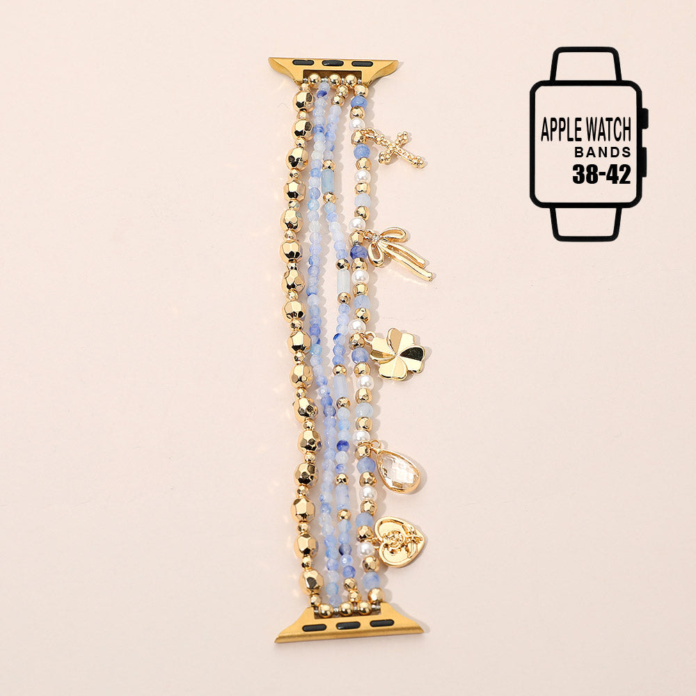 Bow Clover Heart Cross Charm Dangle Floral Ceramic Ball Pearl Beaded Multi Layered Apple Watch Band
