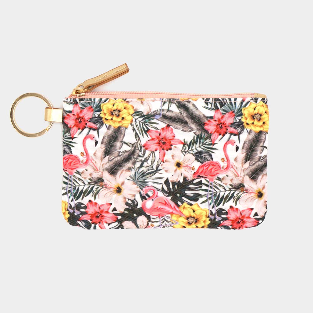 Flamingo Flower Patterned ID Wallet Detachable Lanyard