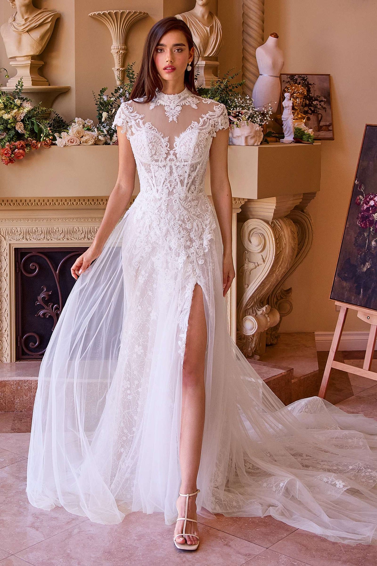 Vestido de novia Andrea & Leo WL035 de encaje y tul de manga corta