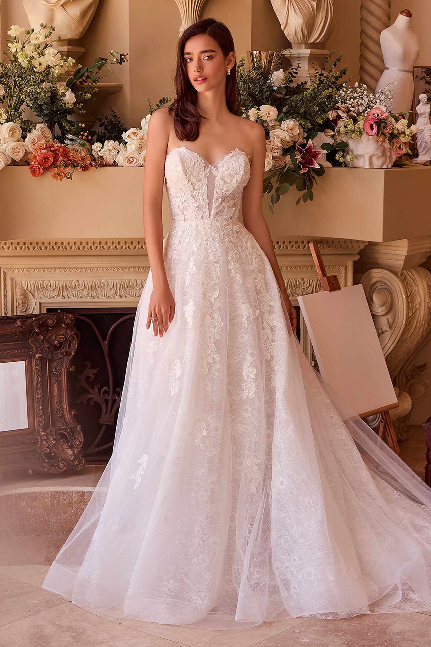 Andrea & Leo Vestido WL052 de Novia Estilo Princesa con Escote Profundo Corazón y Sin Tirantes