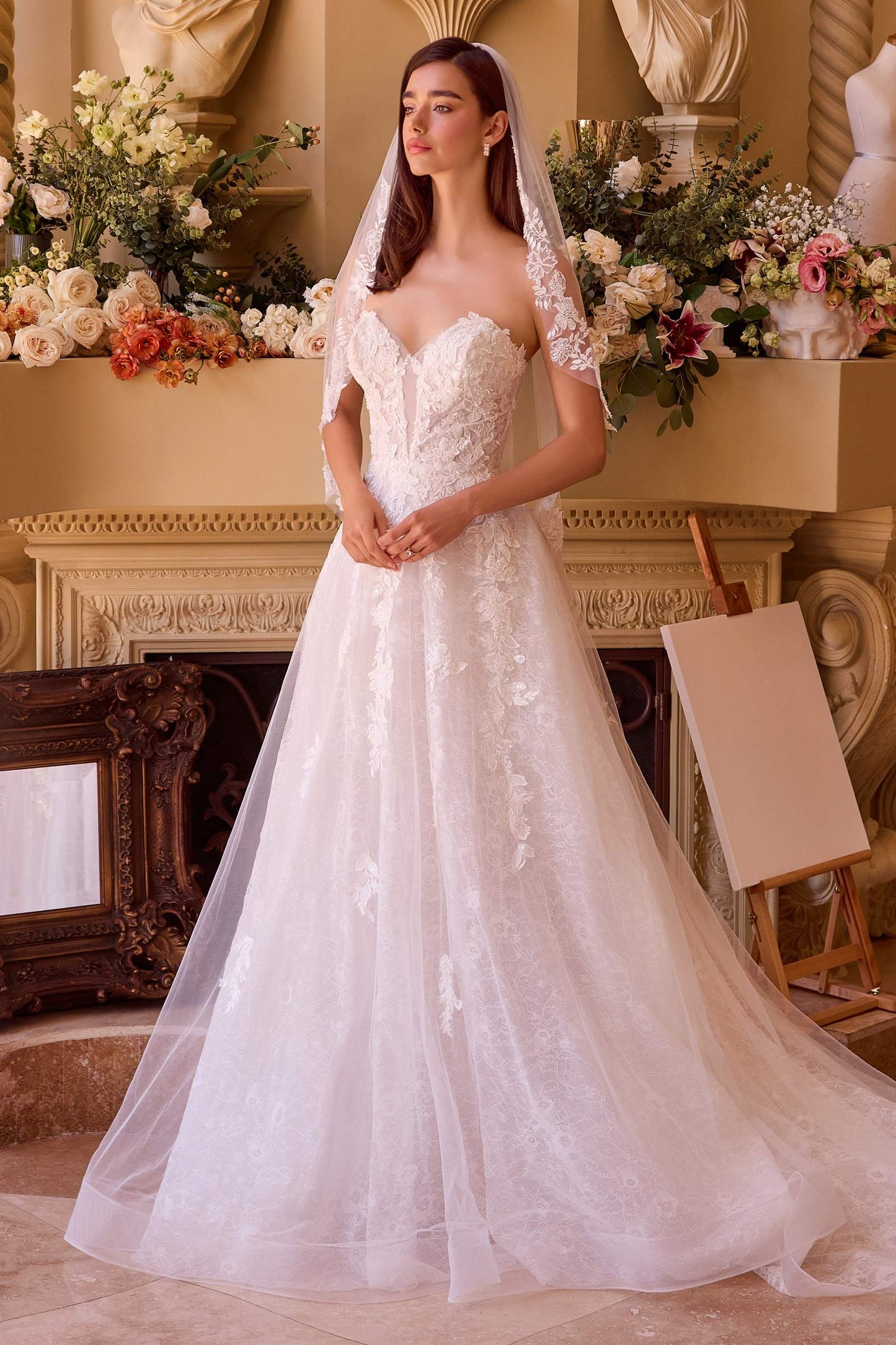 Andrea & Leo Vestido WL052 de Novia Estilo Princesa con Escote Profundo Corazón y Sin Tirantes