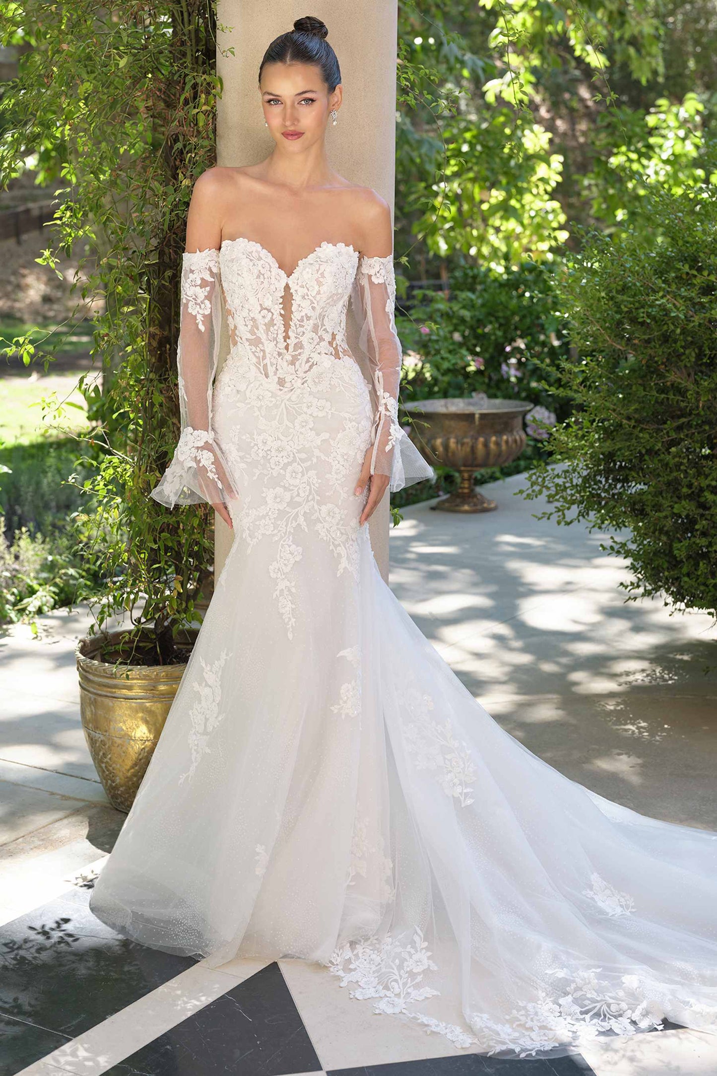 Andrea & Leo WL065 Vestido de novia sirena con mangas de encaje transparentes extraíbles