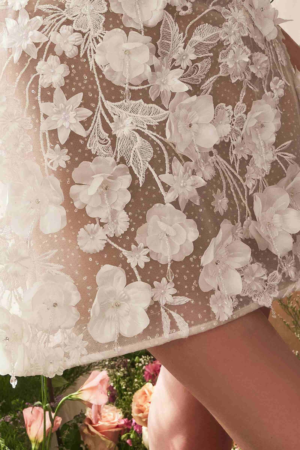 Andrea & Leo WL085 Dimensional Floral & Lace Strapless Short Bridal Midi Dress
