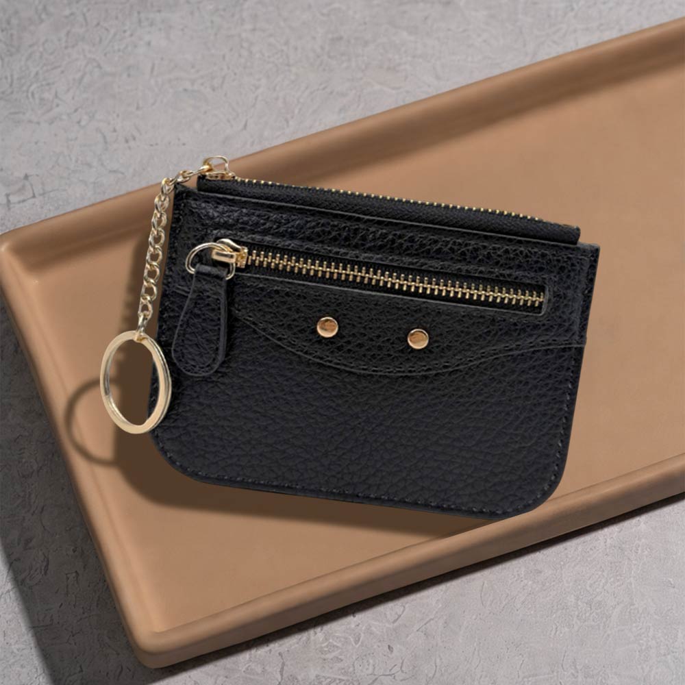 Compact Slim Faux Leather Zip Card Holder Wallet with Key Ring