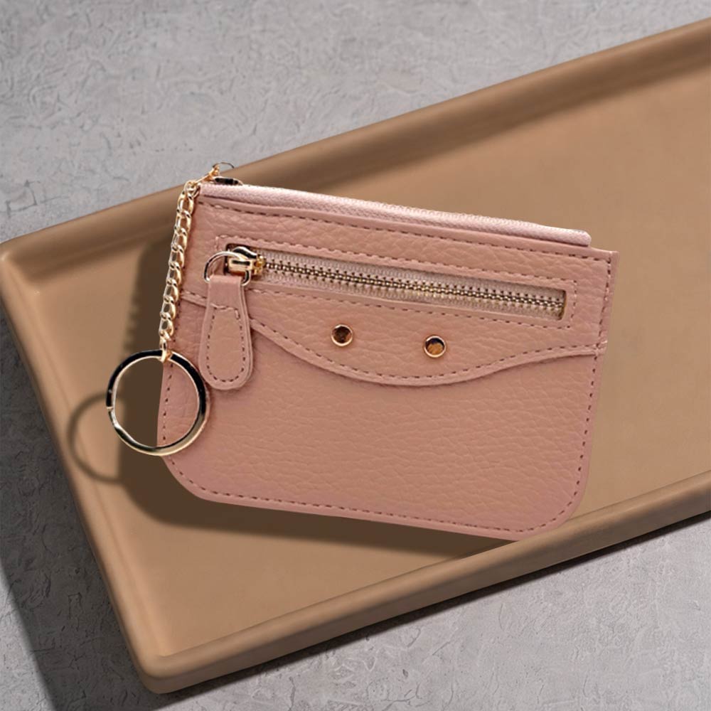 Compact Slim Faux Leather Zip Card Holder Wallet with Key Ring