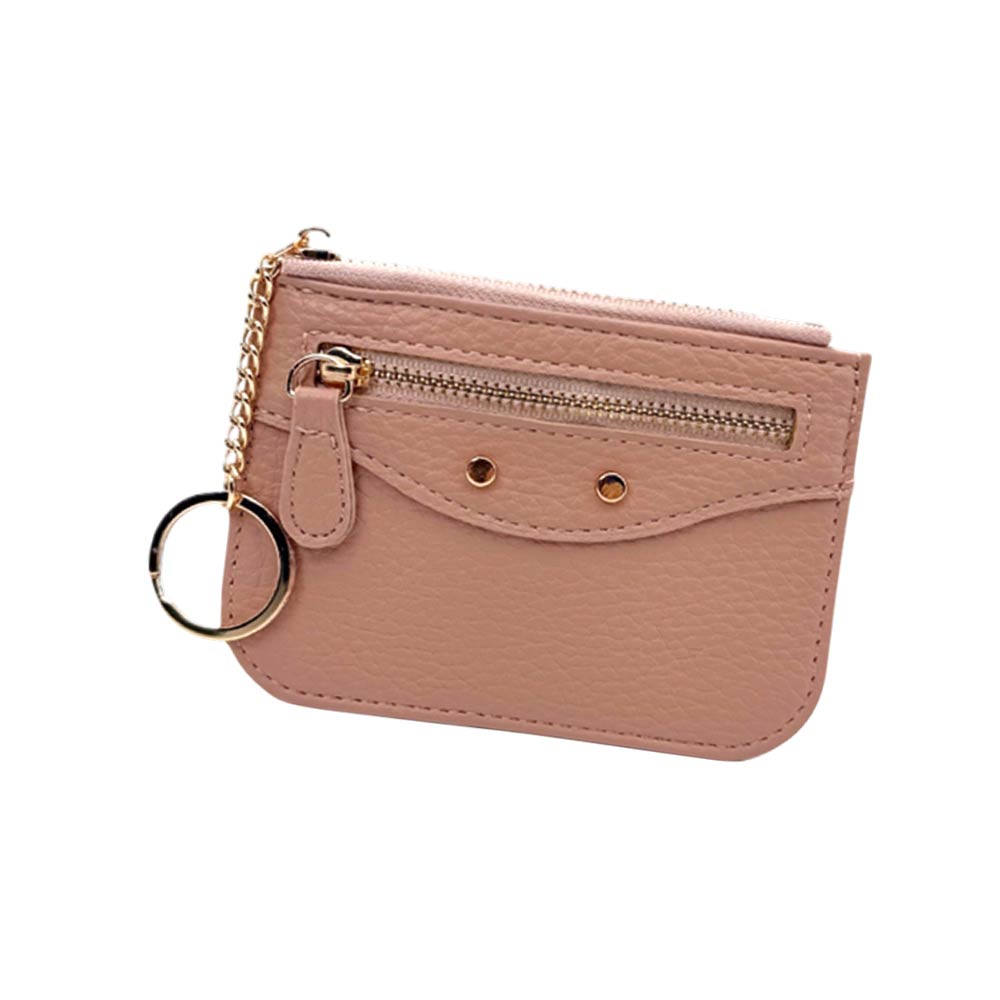 Compact Slim Faux Leather Zip Card Holder Wallet with Key Ring