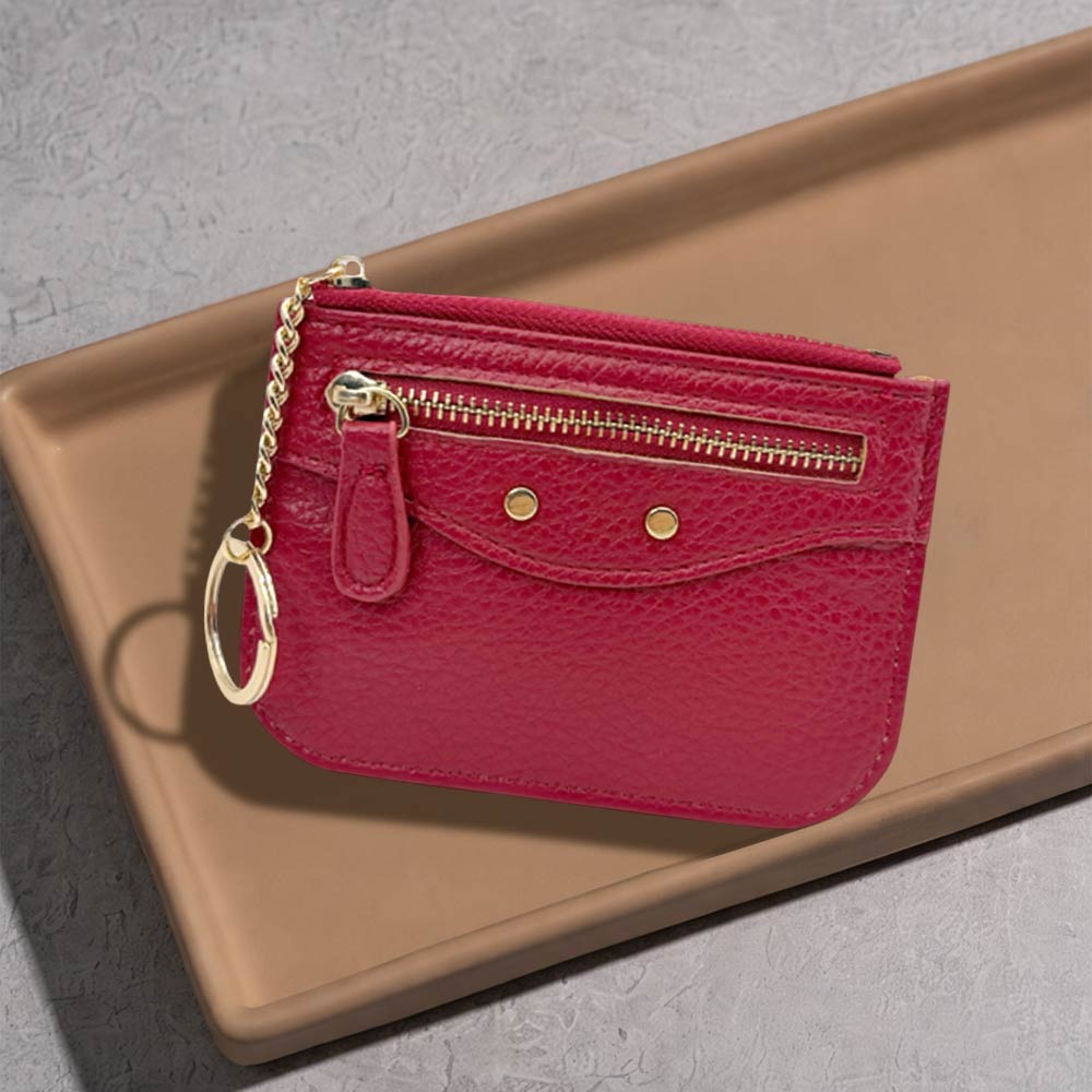 Compact Slim Faux Leather Zip Card Holder Wallet with Key Ring