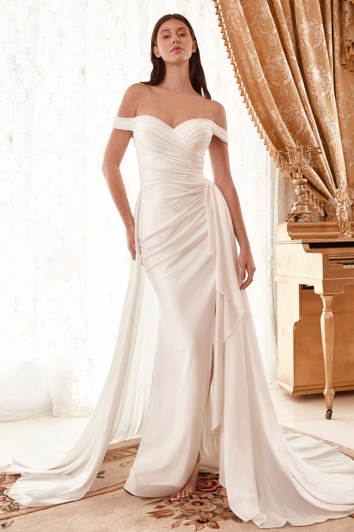Ladivine WN315 Vestido de novia largo con sobrefalda, escote Bardot y drapeado