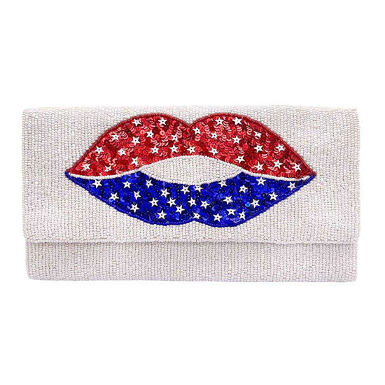 American USA Flag Lips Seed Beaded Clutch Crossbody Bag