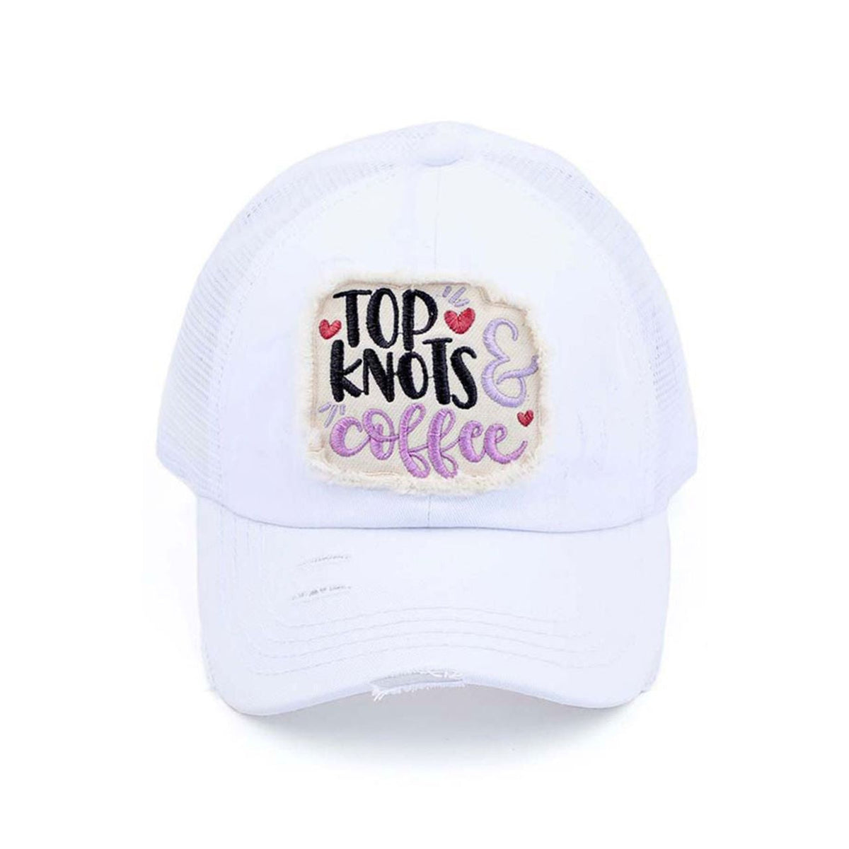 C.C DISTRESSED TOP KNOTS AND COFFEE PATCH PONYCAP