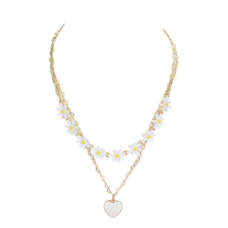 Enamel Heart Pendant Flower Link Double Layered Necklace