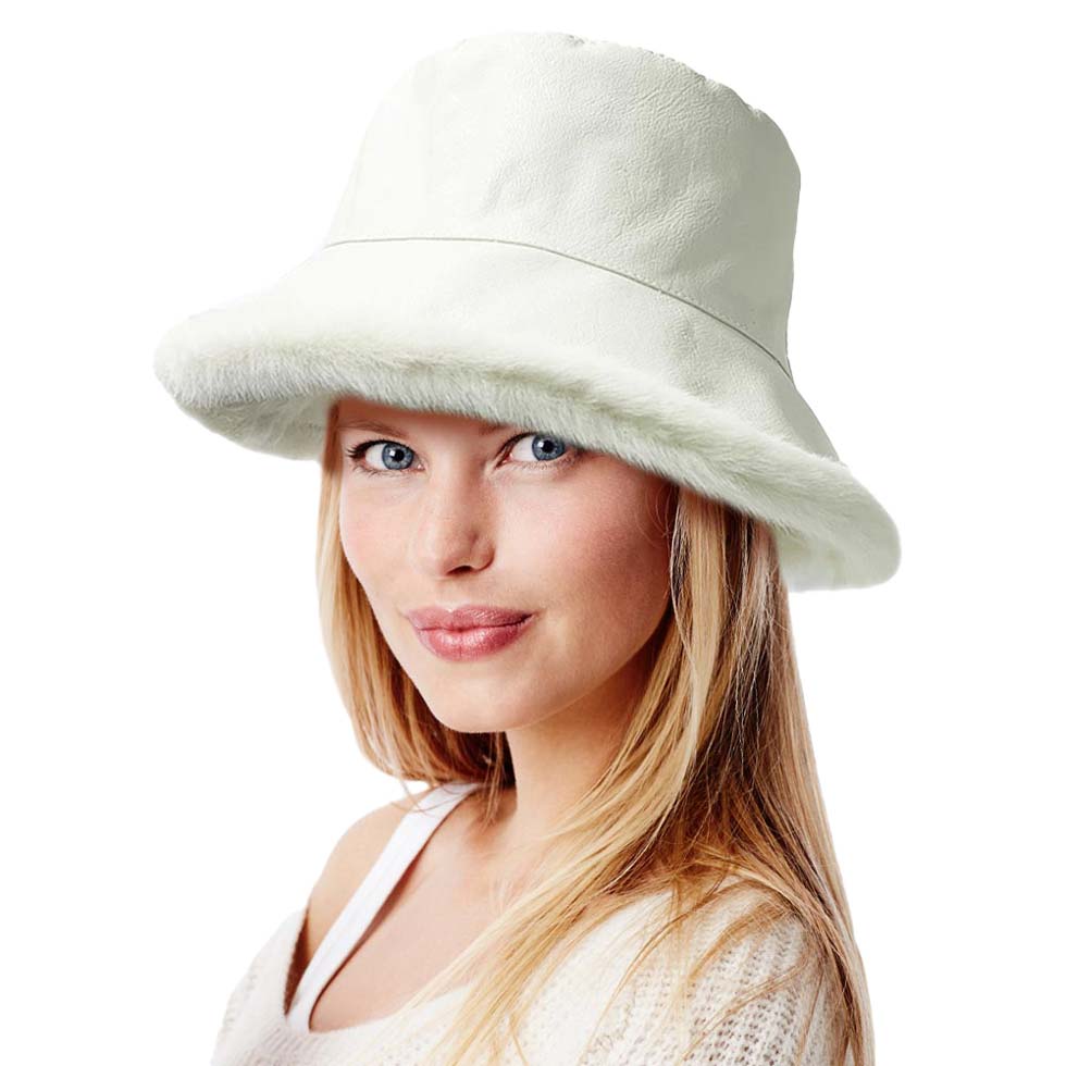 Faux Fur Inside Brim Solid Bucket Hat