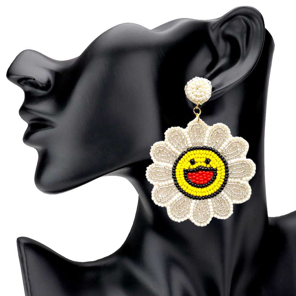 Felt Back Seed Beaded Smile Flower Dangle Earrings