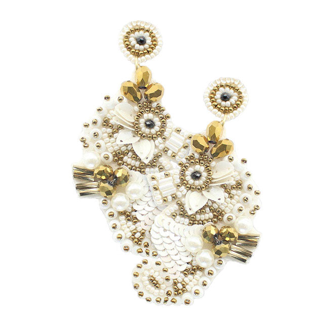 Felt Back Sequin Pearl Seed Beaded Seahorse Dangle Earrings