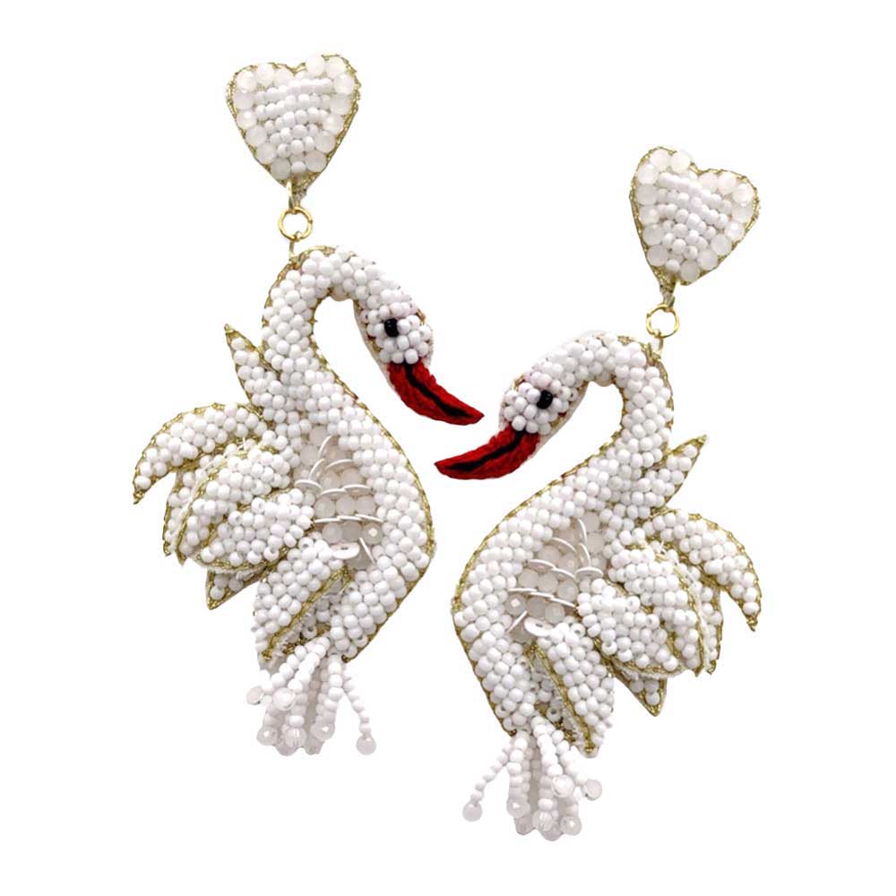 Felt Back Sequin Seed Beaded Swan Dangle Earrings