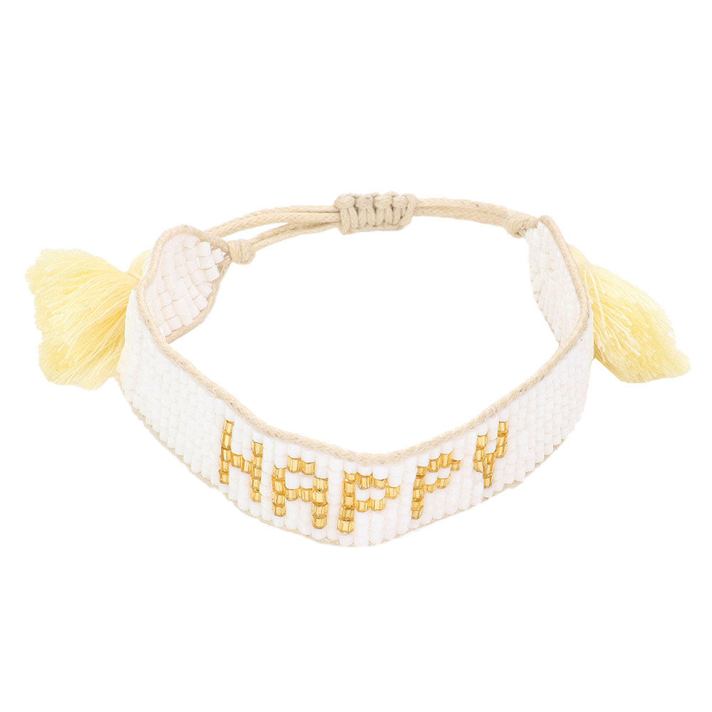 Happy Message Beaded Tassel Cinch Bracelet